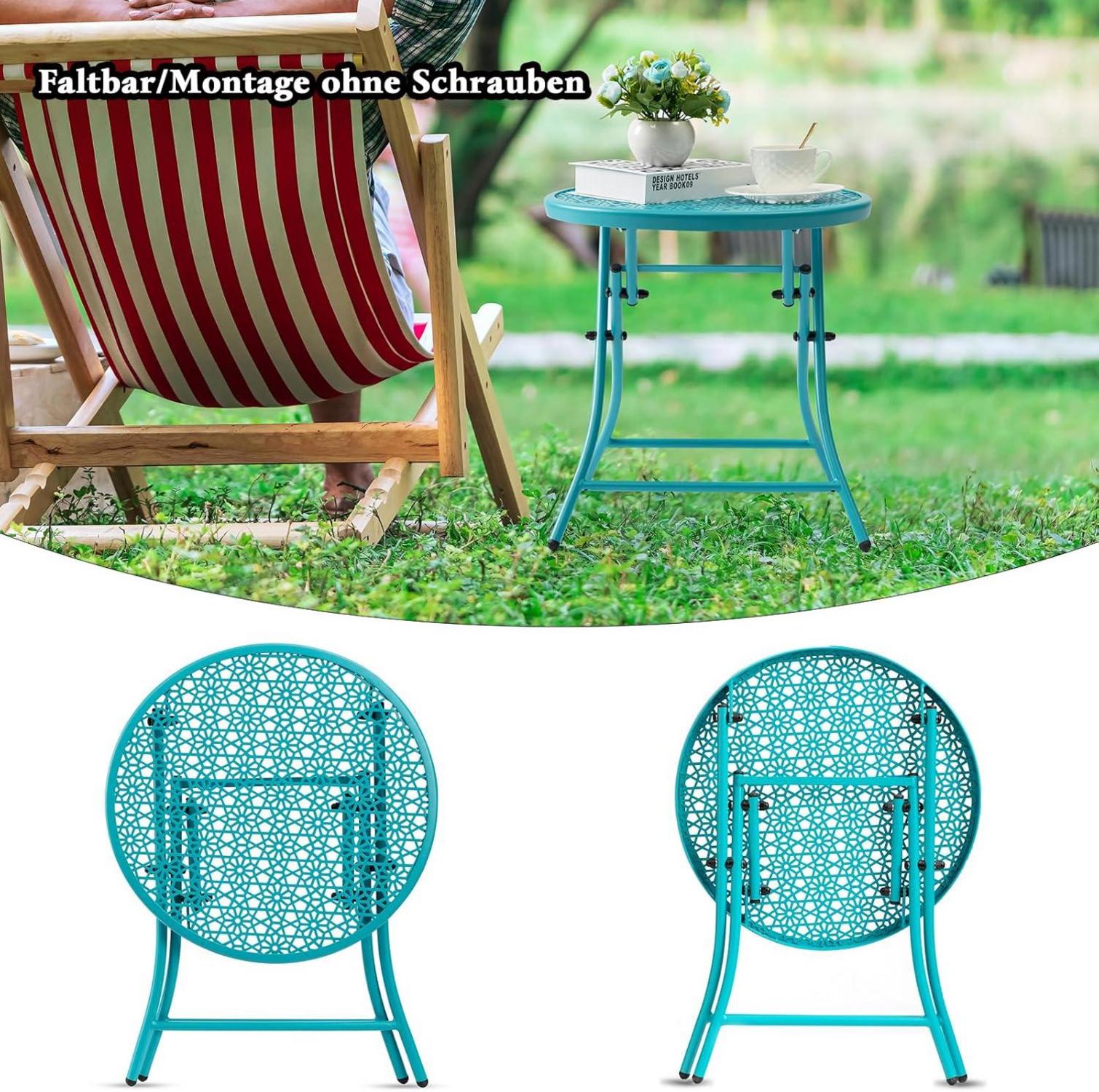 Faltbarer Outdoor Beistelltisch mit Blumenmotiv, Metall, Anti-Rost, Blau