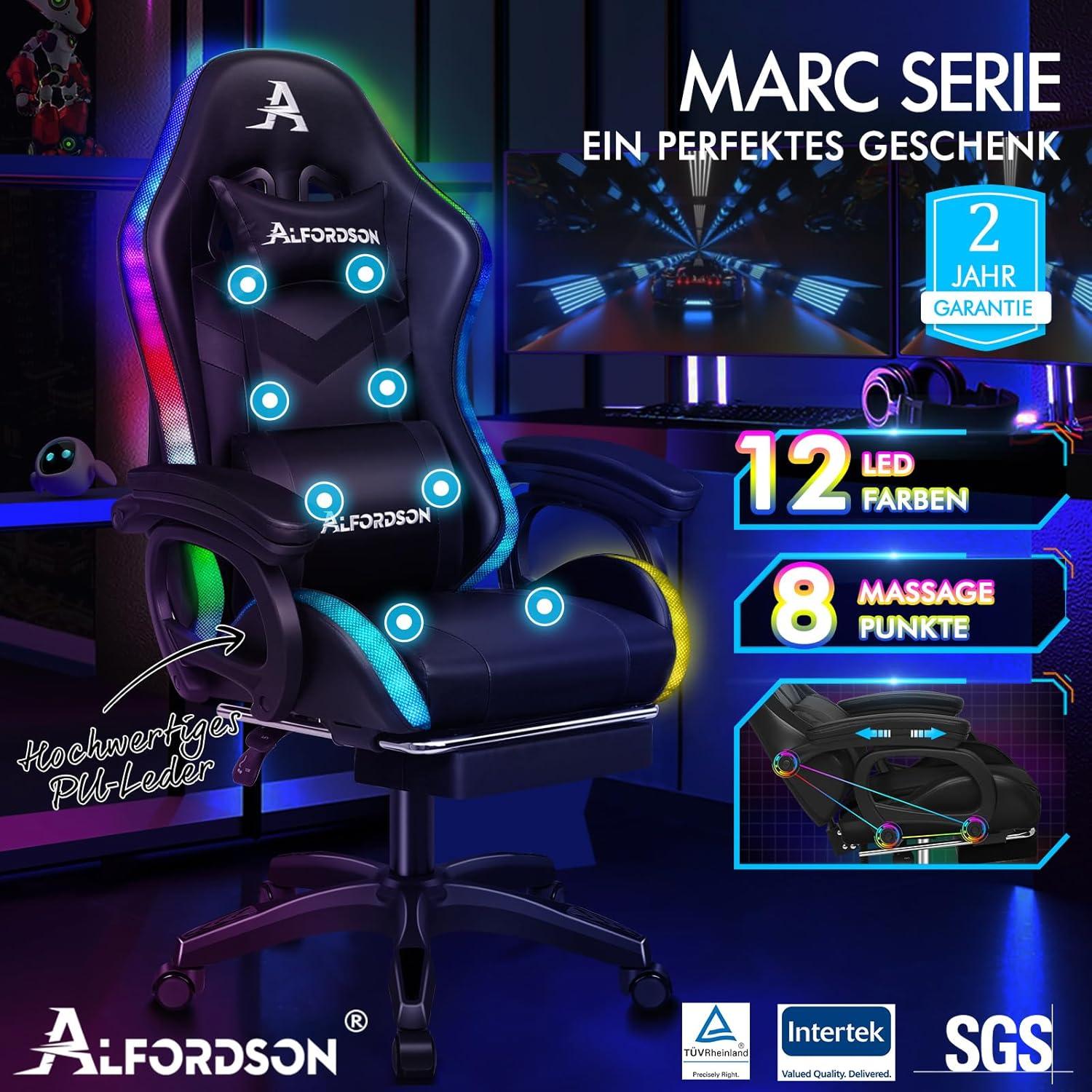 Gaming Stuhl LED RGB Massage Fußstütze Ergonomisch Schwarz
