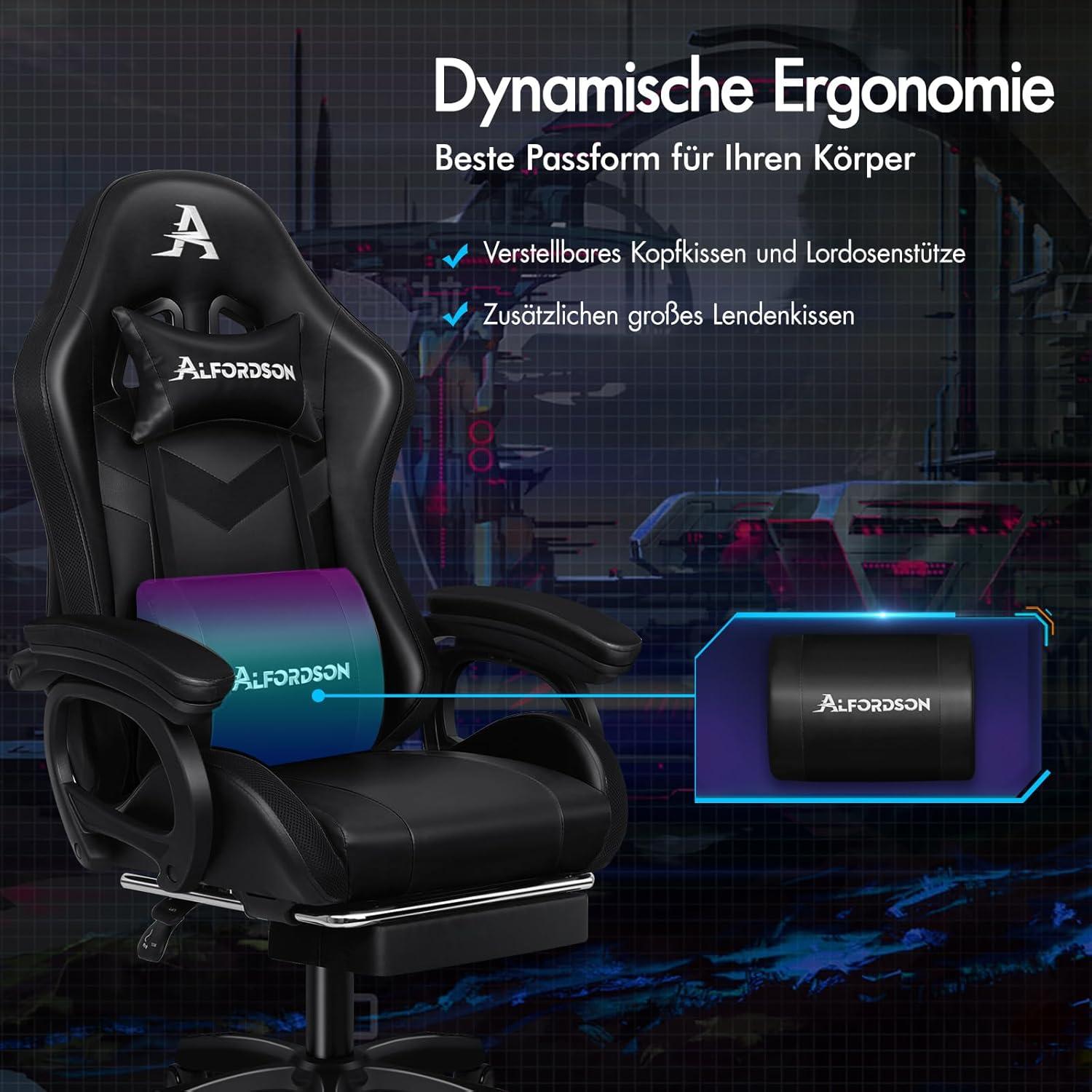 Gaming Stuhl mit LED RGB Beleuchtung und Massagefunktion, Schwarz