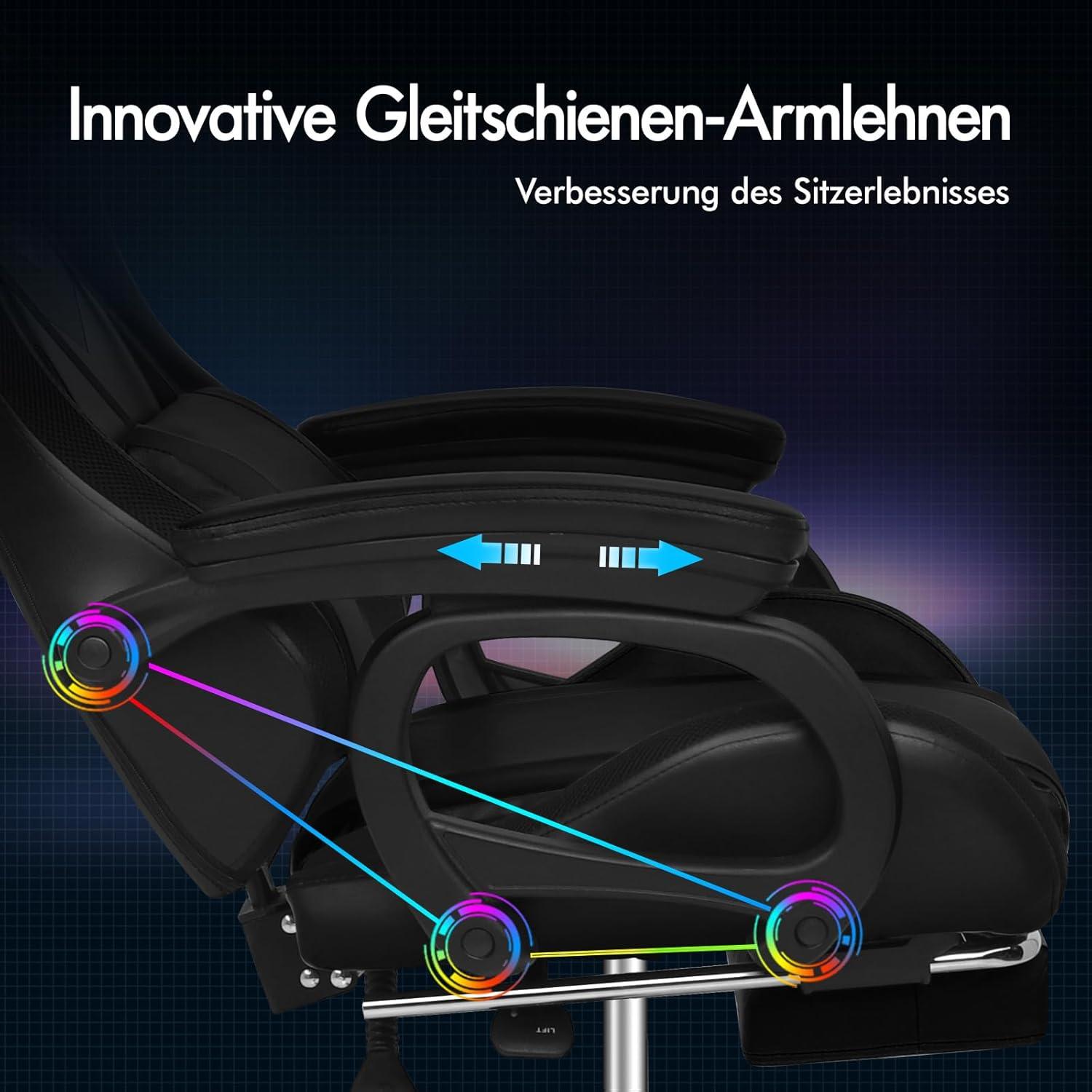 Gaming Stuhl LED RGB Beleuchtung Massaging Rückenlehne 90-150° Neigung