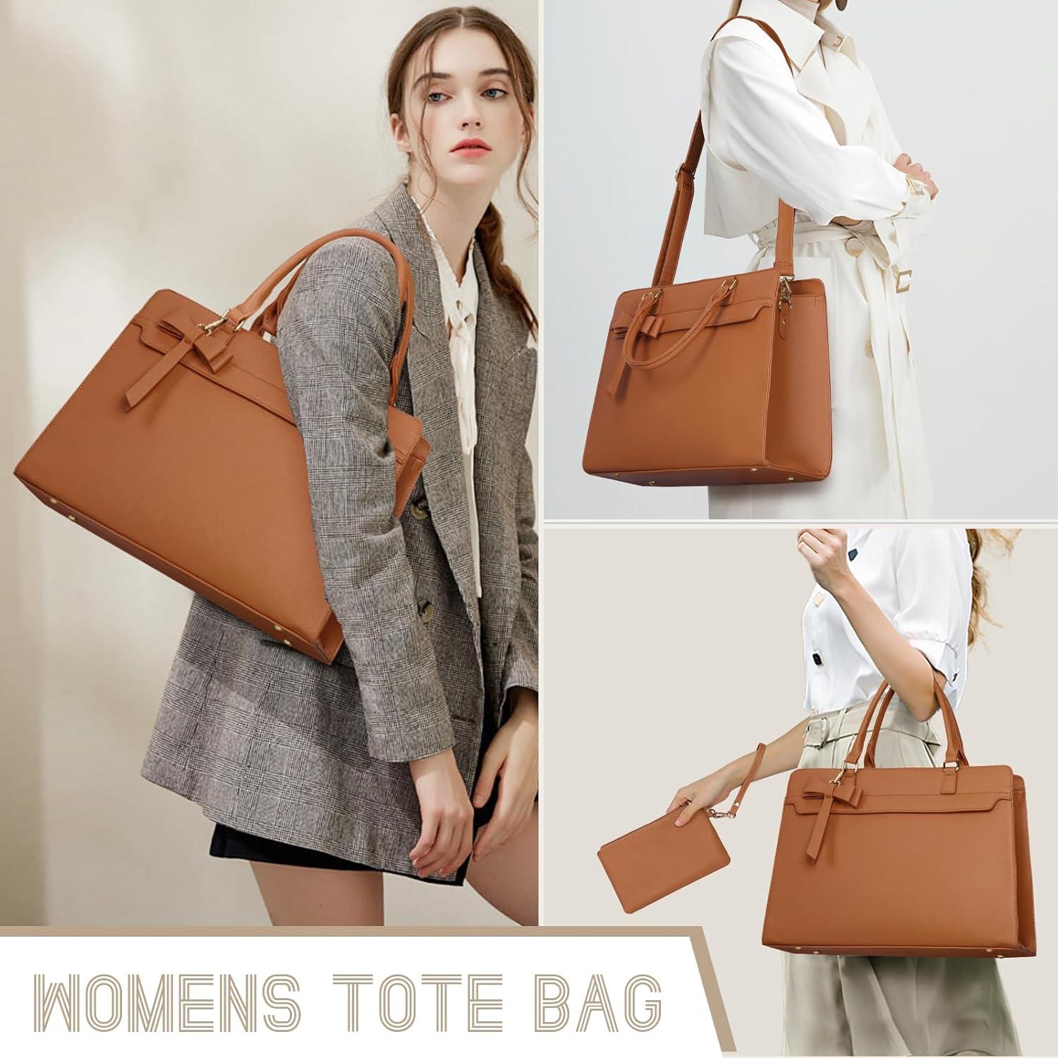 RAINSMORE Handtasche Damen Shopper 15.6 Zoll Laptoptasche Wasserdicht PU Leder Umhängetasche 2-teiliges Set