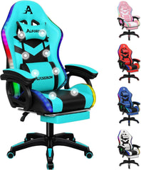 Gaming Stuhl mit LED RGB Beleuchtung und Massagefunktion, Cyan