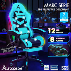 Gaming Stuhl mit LED RGB Beleuchtung und Massagefunktion, Cyan