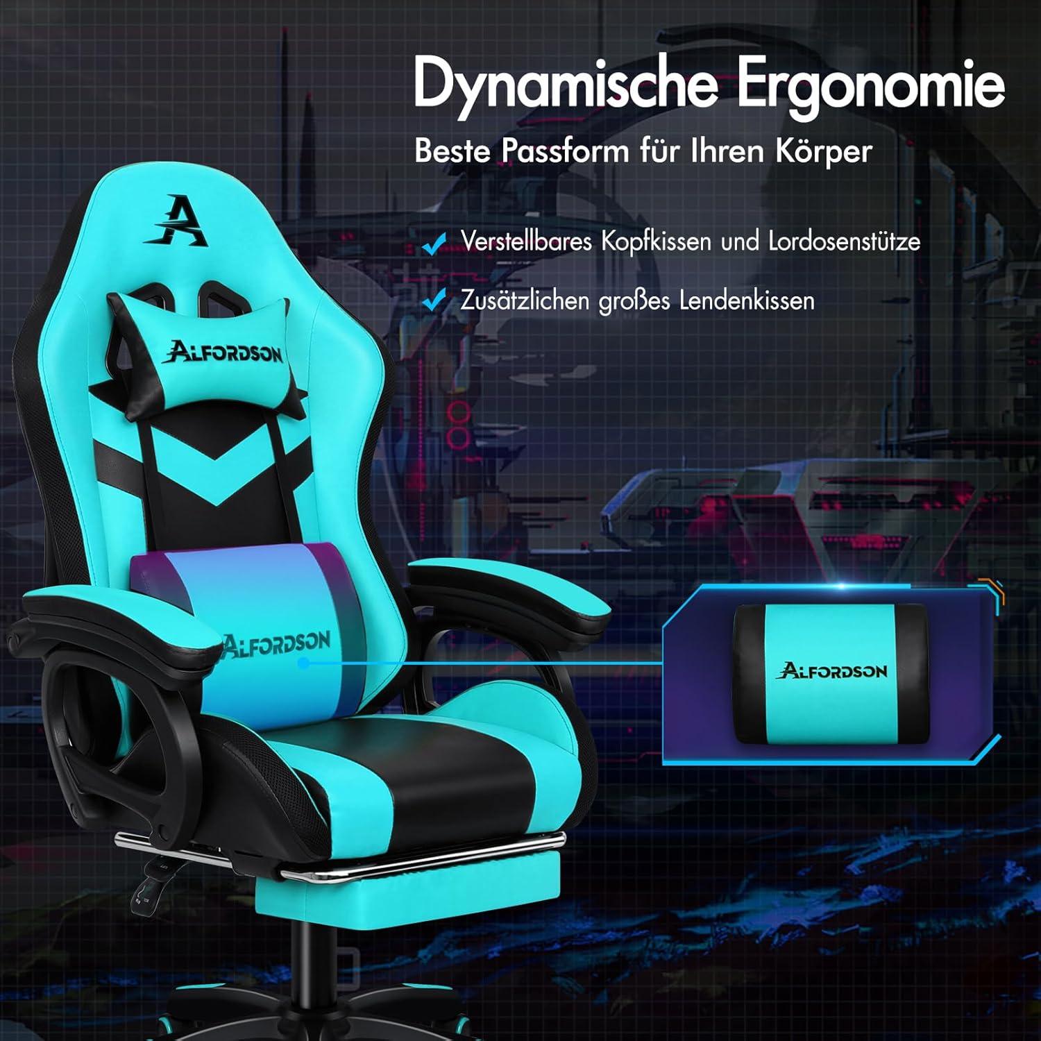 Gaming Stuhl mit LED RGB Beleuchtung und Massagefunktion, Cyan