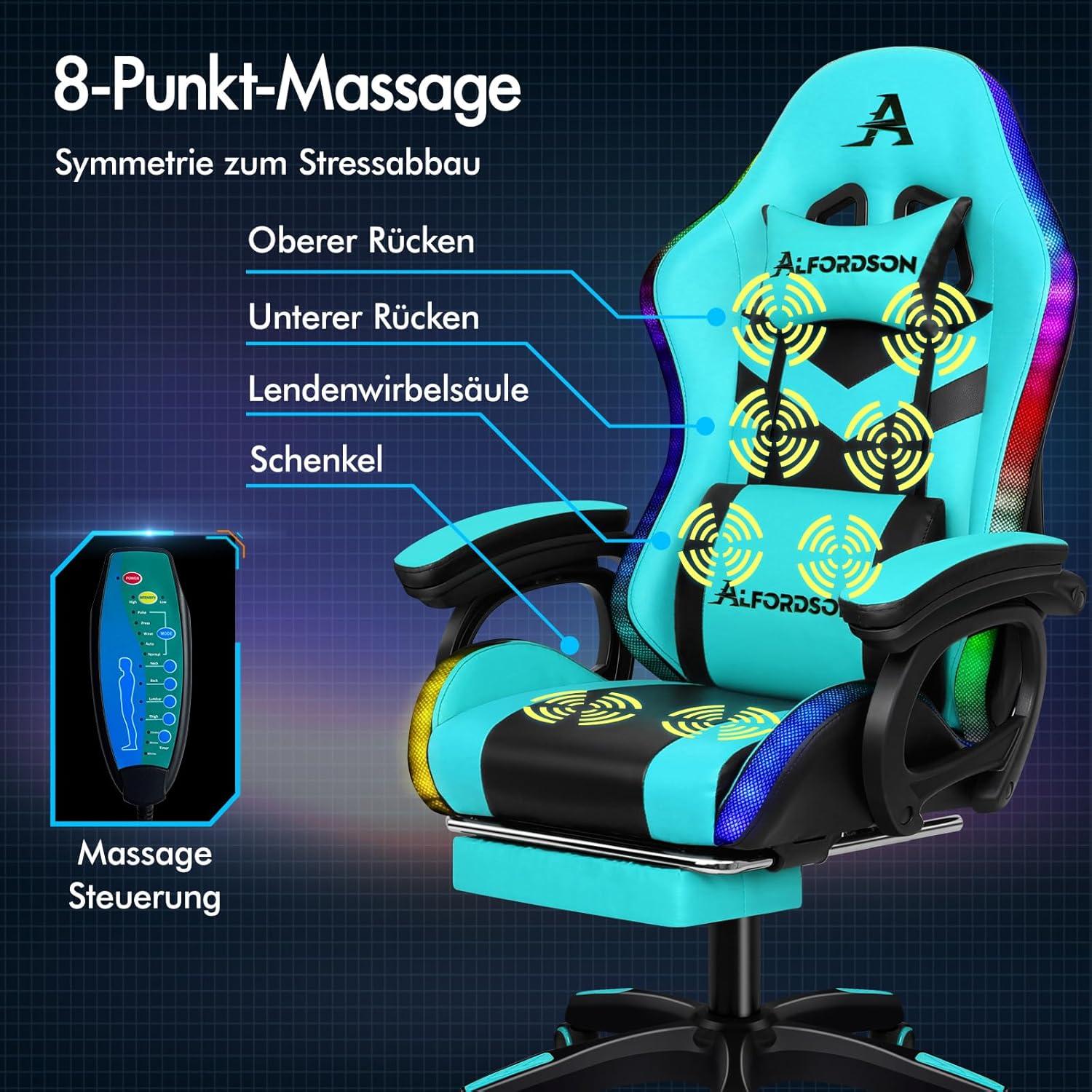Gaming Stuhl RGB LED Massage Fußstütze ergonomisch Cyan