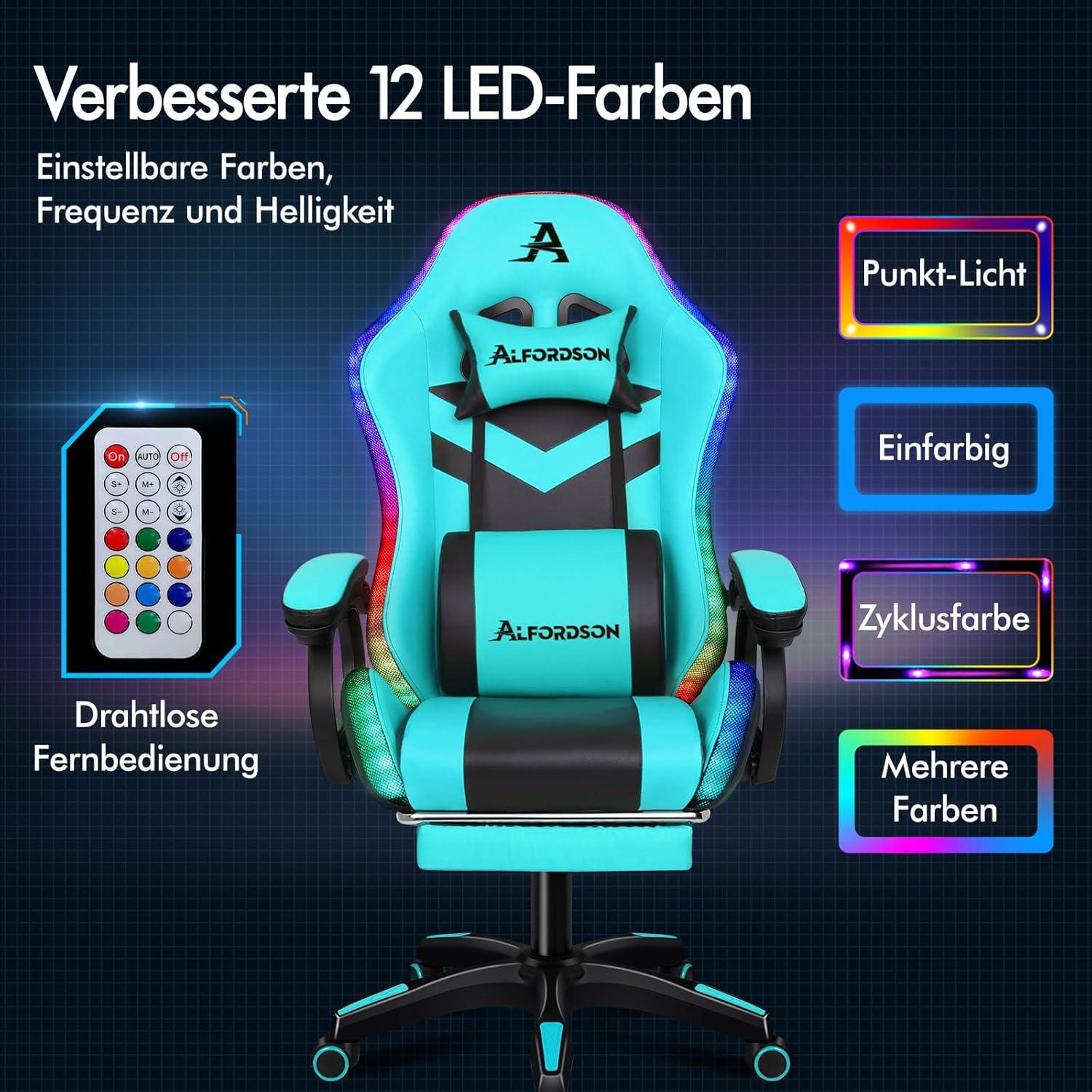 ALFORDSON Gaming Stuhl RGB LED Massagesessel Fußstütze Cyan