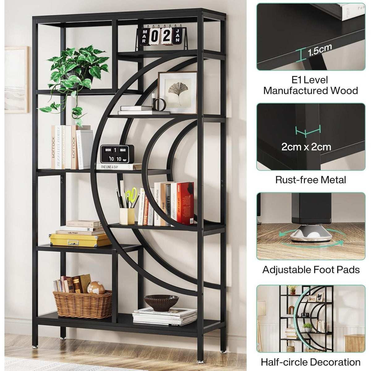 Industrielles Bücherregal 179cm – 8-Stöckig, Schwarz