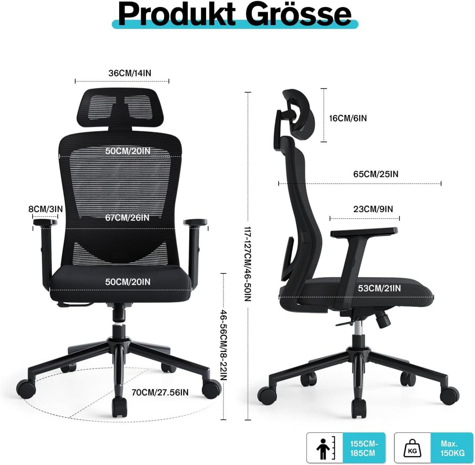 Ergonomischer Schwarzer Bürostuhl mit Lendenwirbelstütze & Kopfstütze