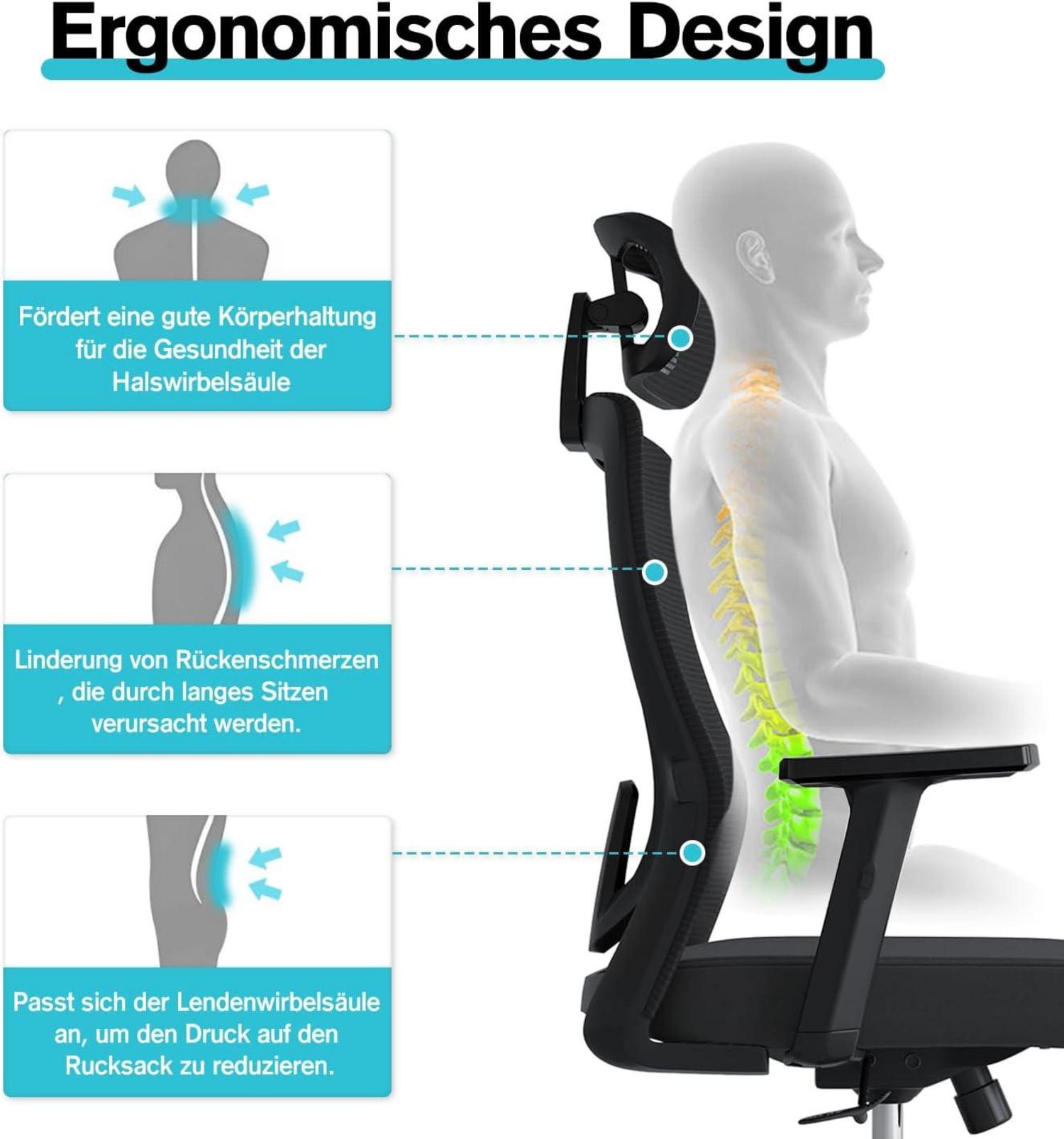 Bürostuhl Ergonomisch mit Lendenwirbelstütze, 2D-Kopfstütze, Armlehne Schwarz