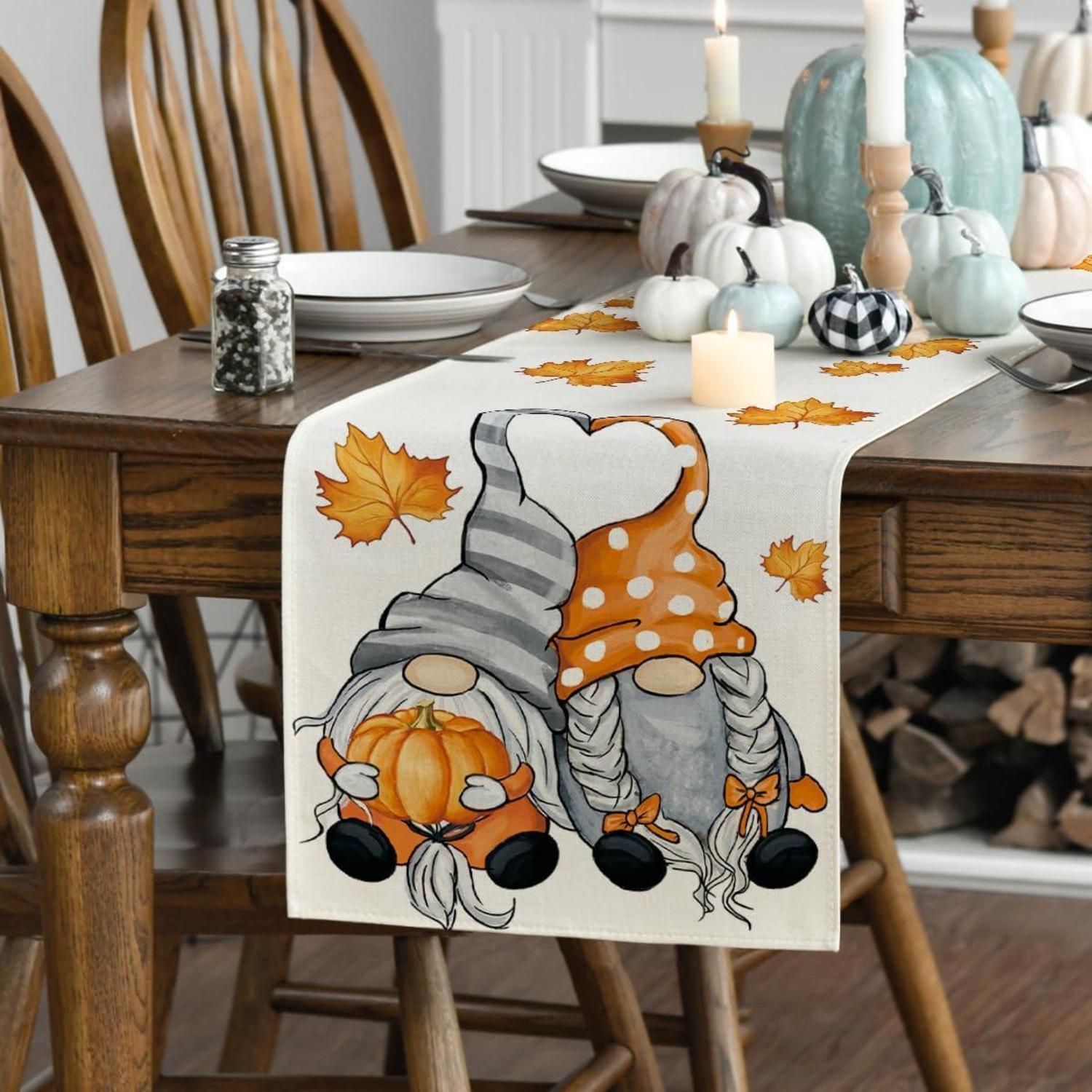 Herbst Tischläufer Kürbisse Ahornblätter 40x300 cm Beige