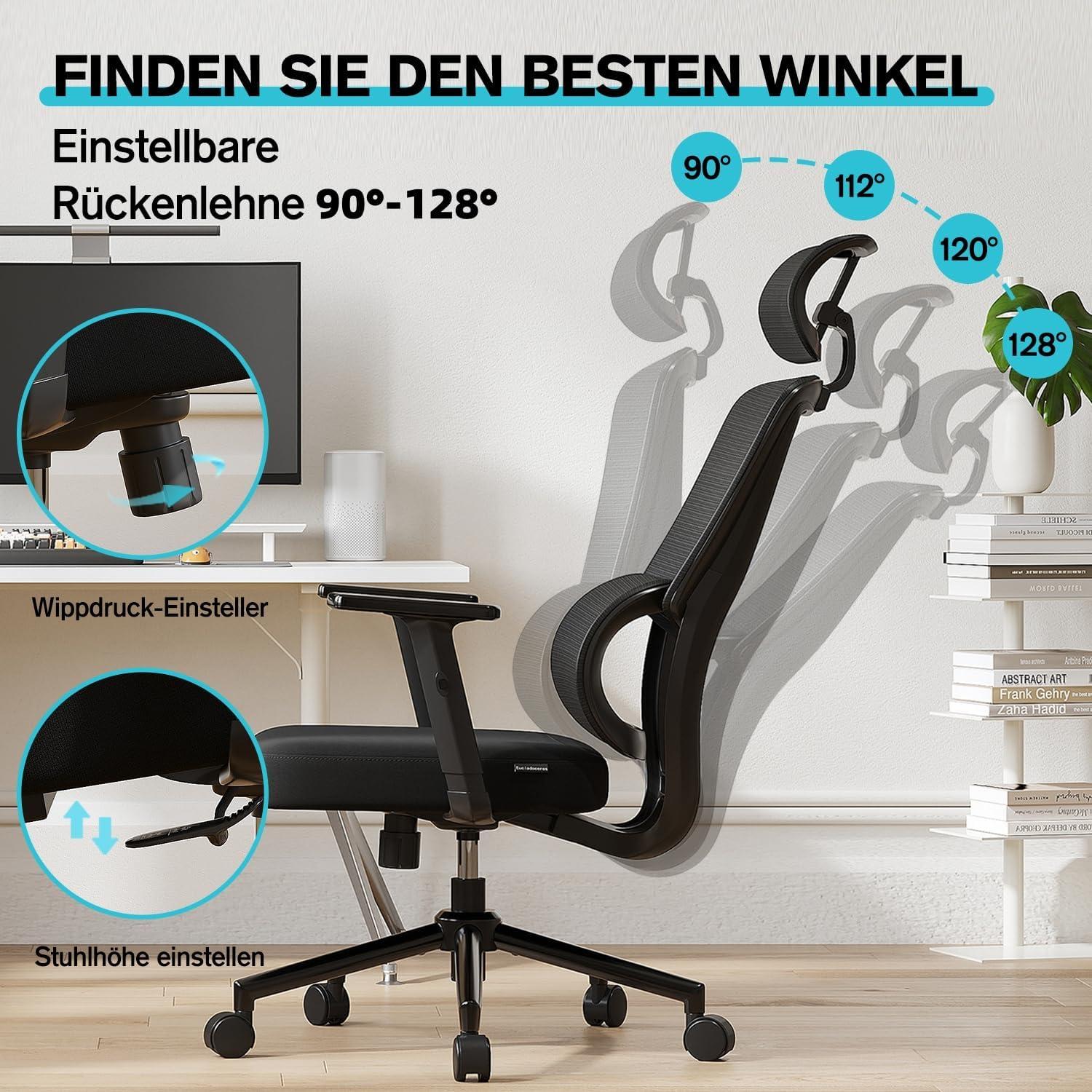 Ergonomischer Bürostuhl mit Lordosenstütze und arretierbarer Rückenlehne, 150 kg Schwarz