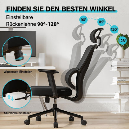 Ergonomischer Bürostuhl mit Lordosenstütze und arretierbarer Rückenlehne, 150 kg Schwarz