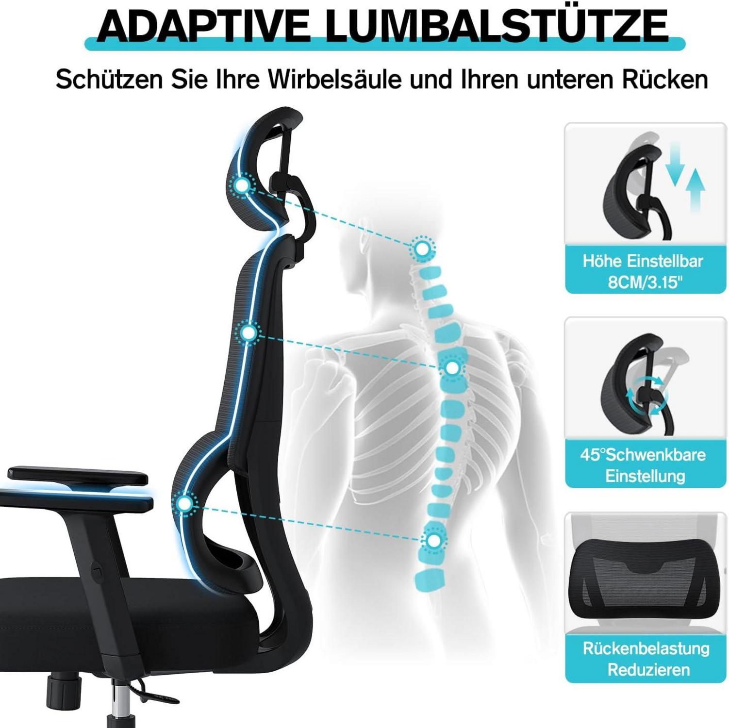Ergonomischer Bürostuhl mit Automatischer Lordosenstütze, Schwarz