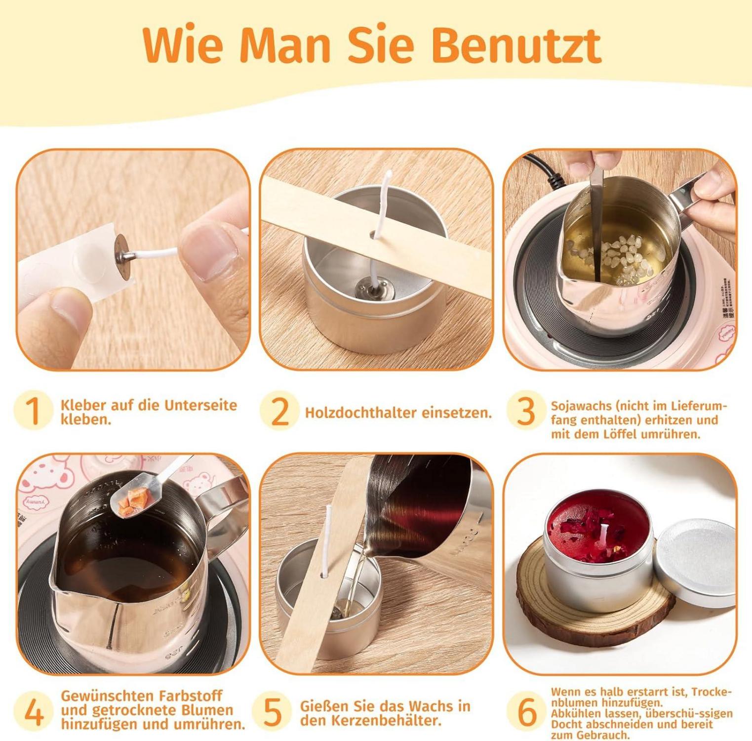 DIY Kerzen Set: Wachsschmelztopf, Kerzendochte, 6 Farben, getrocknete