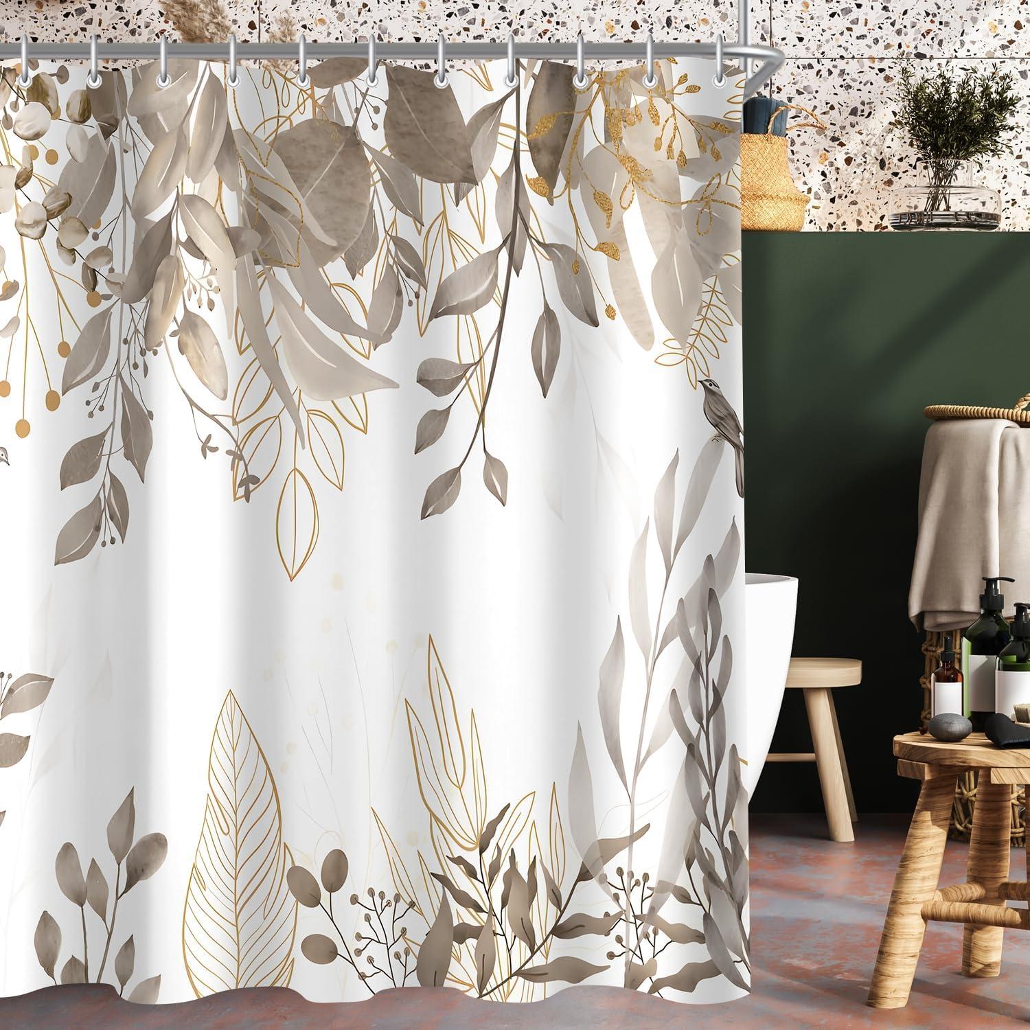 Duschvorhang Grau Herbstblätter 180x200cm Antischimmel Wasserabweisend Polyester