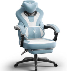 Gaming Stuhl mit Fußstütze und Massagefunktion, Stoff Blau