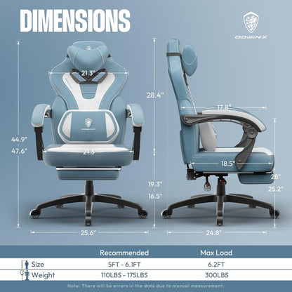 Gaming Stuhl mit Fußstütze und Massagefunktion, Stoff Blau
