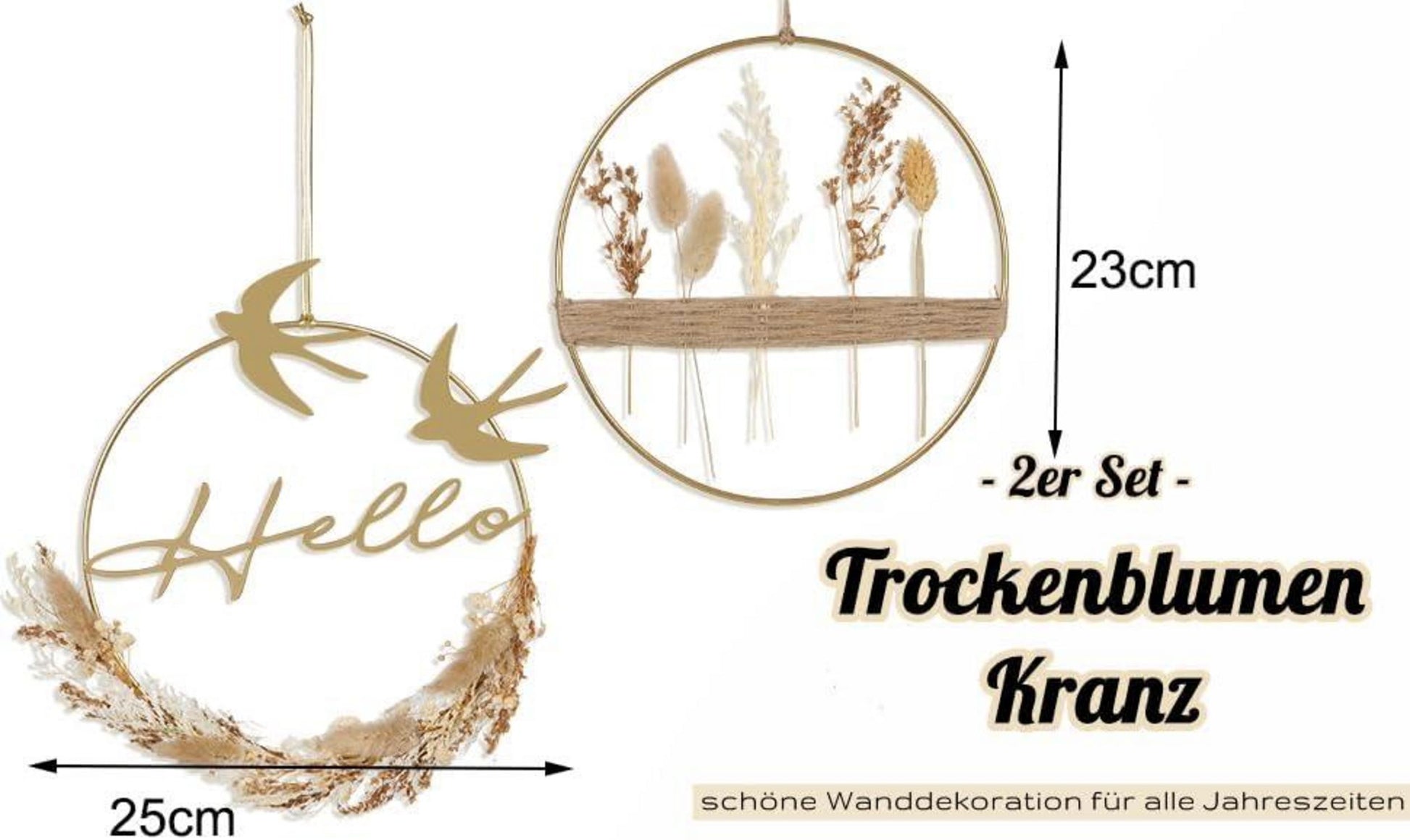 Trockenblumenkranz Gold Metallring 2er Set für Fensterdeko & Tür