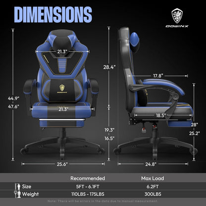 Gamingstuhl mit Fußstütze und Massagefunktion - Blau PU