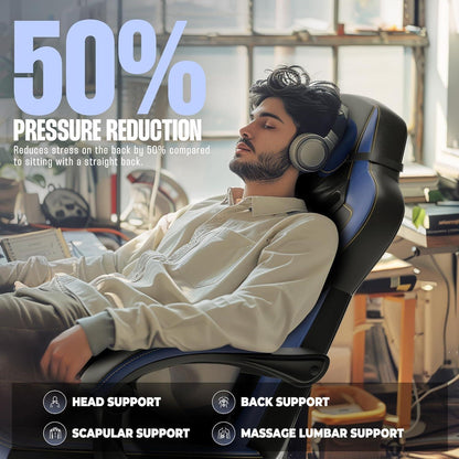 Großer Gaming Stuhl mit Massage und Fußstütze, Blau PU Blau
