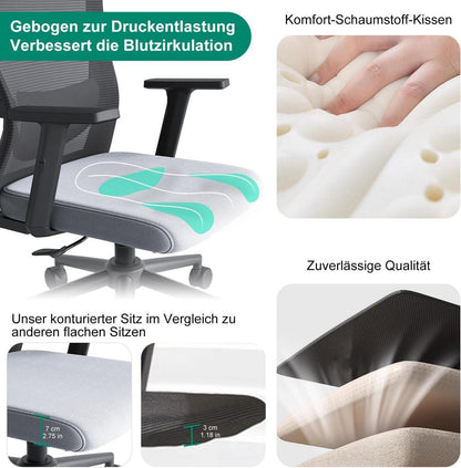 Ergonomischer Bürostuhl mit Verstellbarer Lendenwirbelstütze und 2D-Kopfstütze, 113° Drehstuhl, Wippfunktion, max. 150kg, Grau