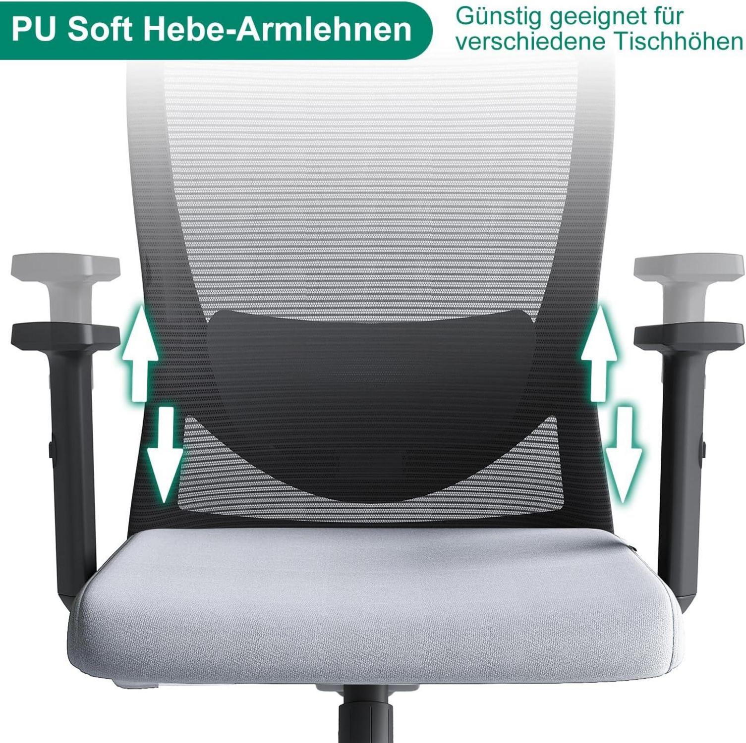 Ergonomischer Bürostuhl mit Verstellbarer Lendenwirbelstütze und 2D-Kopfstütze, 113° Drehstuhl, Wippfunktion, max. 150kg, Grau