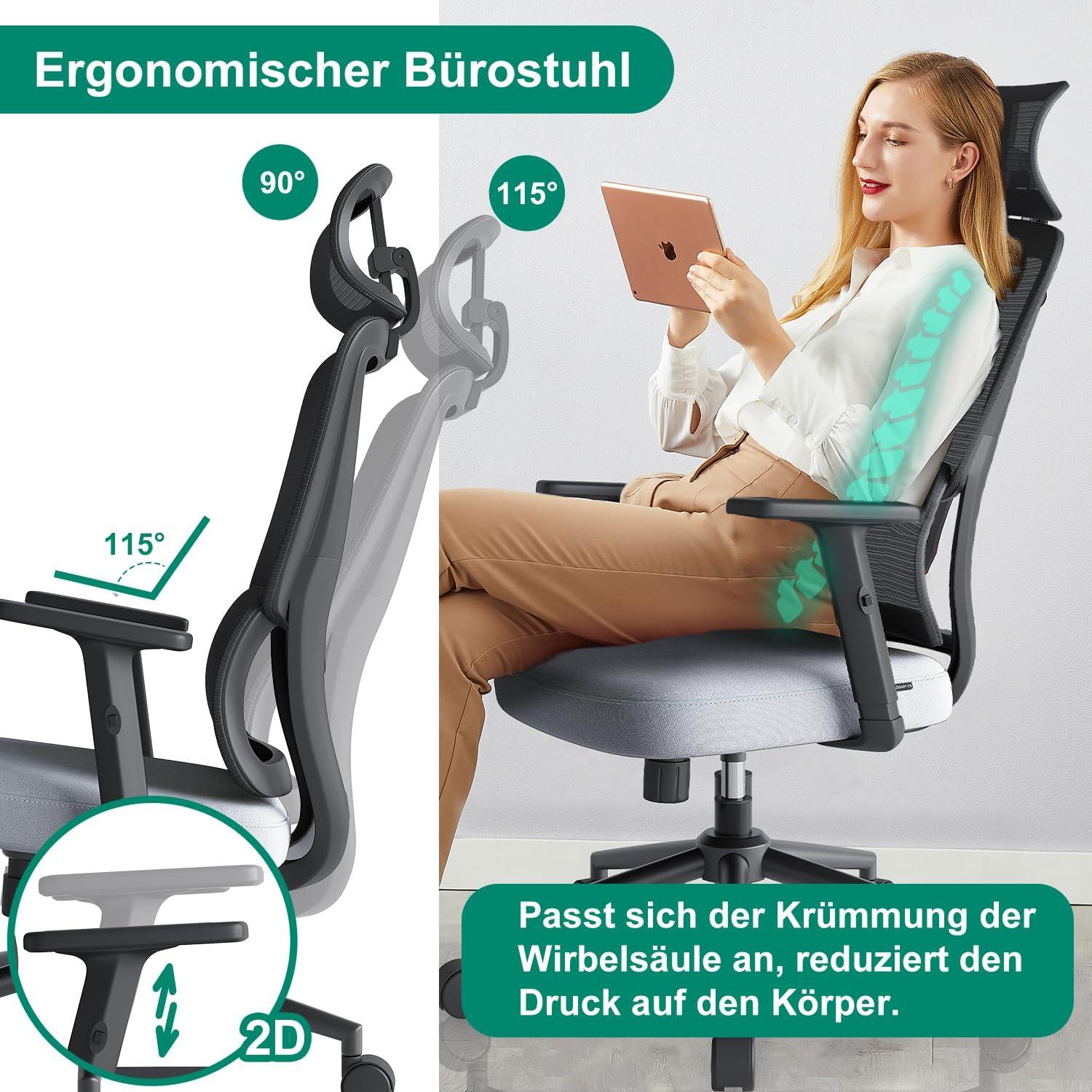 Ergonomischer Bürostuhl mit Lordosenstütze, Armlehne, Wippfunktion, Höhenverstellung, bis 150 kg, Grau