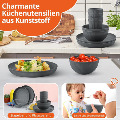 Küchengeschirr Set 12-teilig für 4 Personen Stapelbar und unzerbrechlich Dunkelgrau