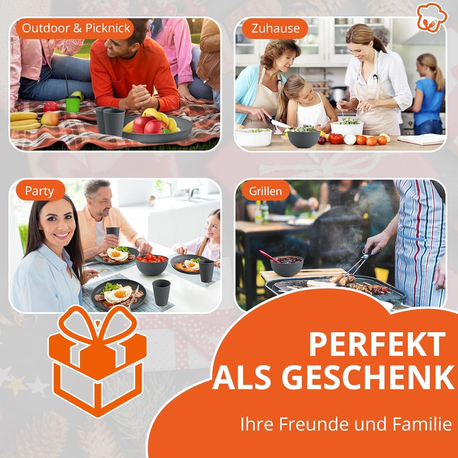 12-teiliges Küchengeschirr Set für 4 Personen Dunkelgrau, stapelbar