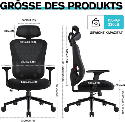 Ergonomischer Gaming Bürostuhl Hochklappbar 150KG Belastbar Schwarz