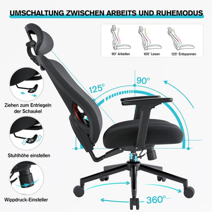 Ergonomischer Bürostuhl Hochklappbar mit 3D-Armlehnen & Kopfstütze