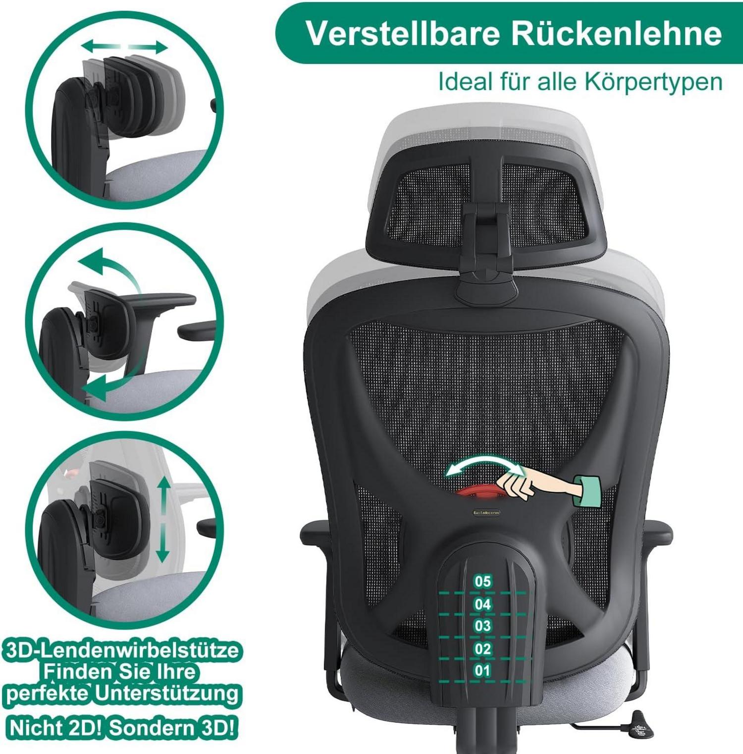 Ergonomischer Bürostuhl mit Lendenkissen & 3D-Armlehnen, Grau