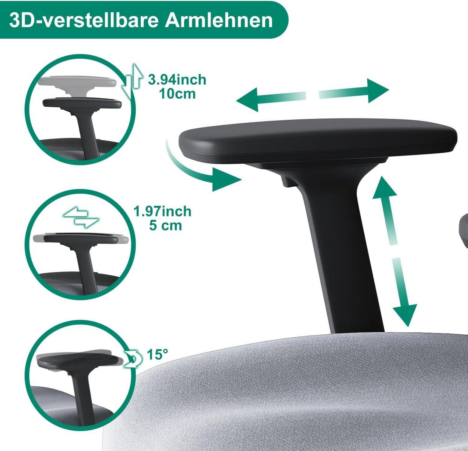 Ergonomischer Bürostuhl mit Verstellbarem Lendenkissen 3D-Armlehnen und