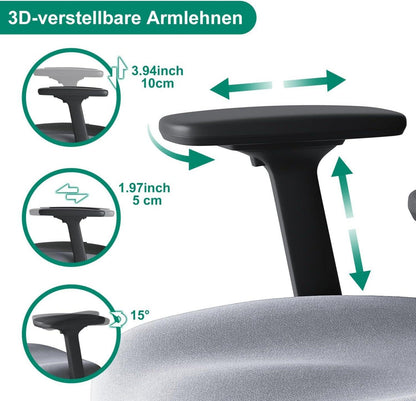 Ergonomischer Bürostuhl mit Verstellbarem Lendenkissen 3D-Armlehnen und