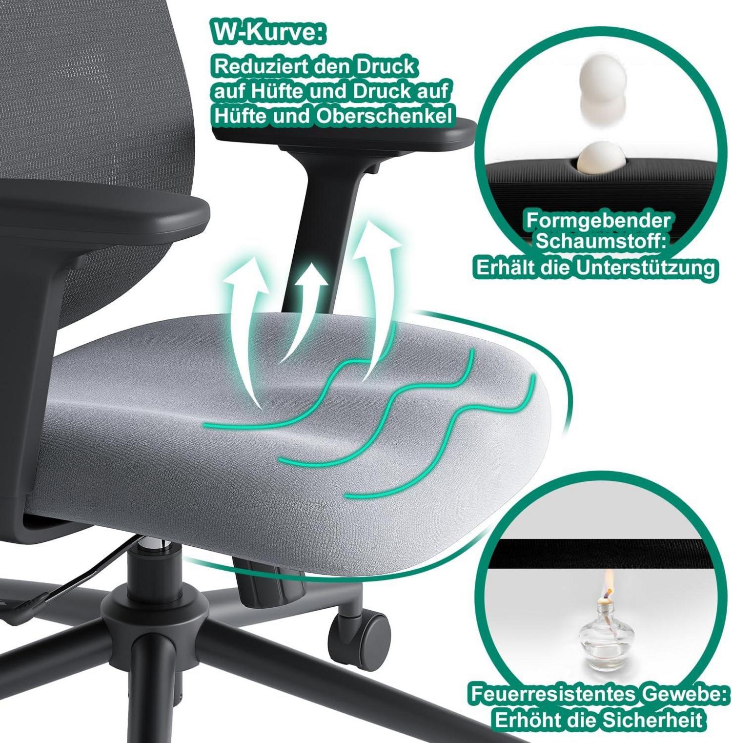 Ergonomischer Bürostuhl mit 3D-Armlehnen, Lendenkissen, Kopfstütze