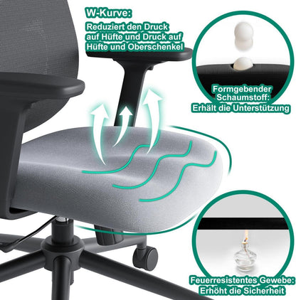 Ergonomischer Bürostuhl mit 3D-Armlehnen, Lendenkissen, Kopfstütze