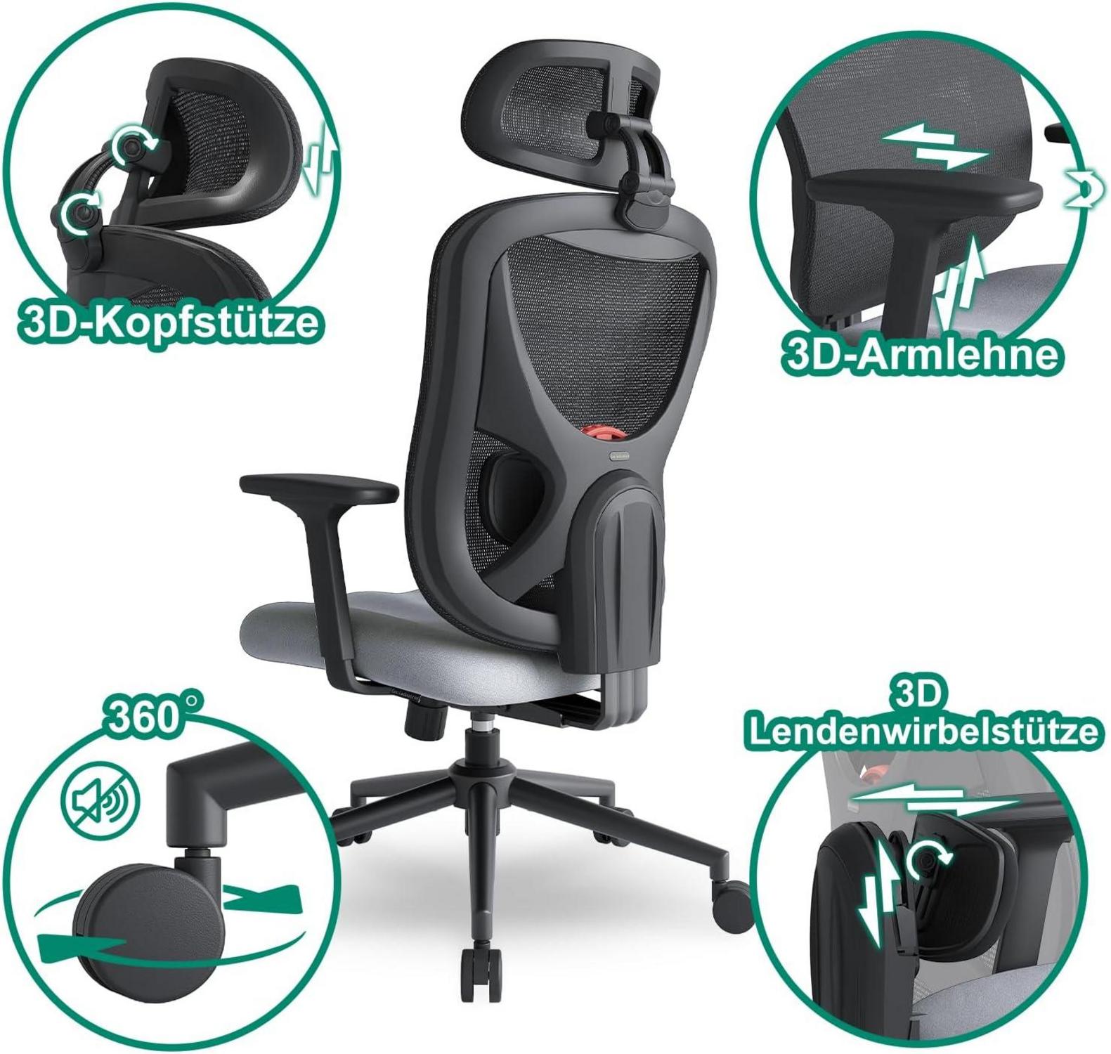 Ergonomischer Bürostuhl mit Verstellbarem Lendenkissen 3D-Armlehnen und