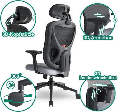 Ergonomischer Bürostuhl mit Verstellbarem Lendenkissen 3D-Armlehnen und