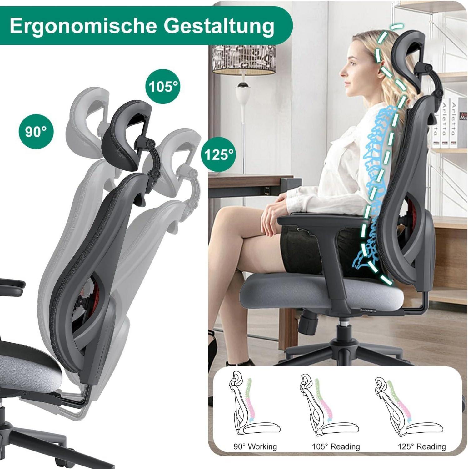 Ergonomischer Bürostuhl mit Lendenkissen & 3D-Armlehnen, Grau