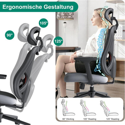 Ergonomischer Bürostuhl mit Lendenkissen & 3D-Armlehnen, Grau