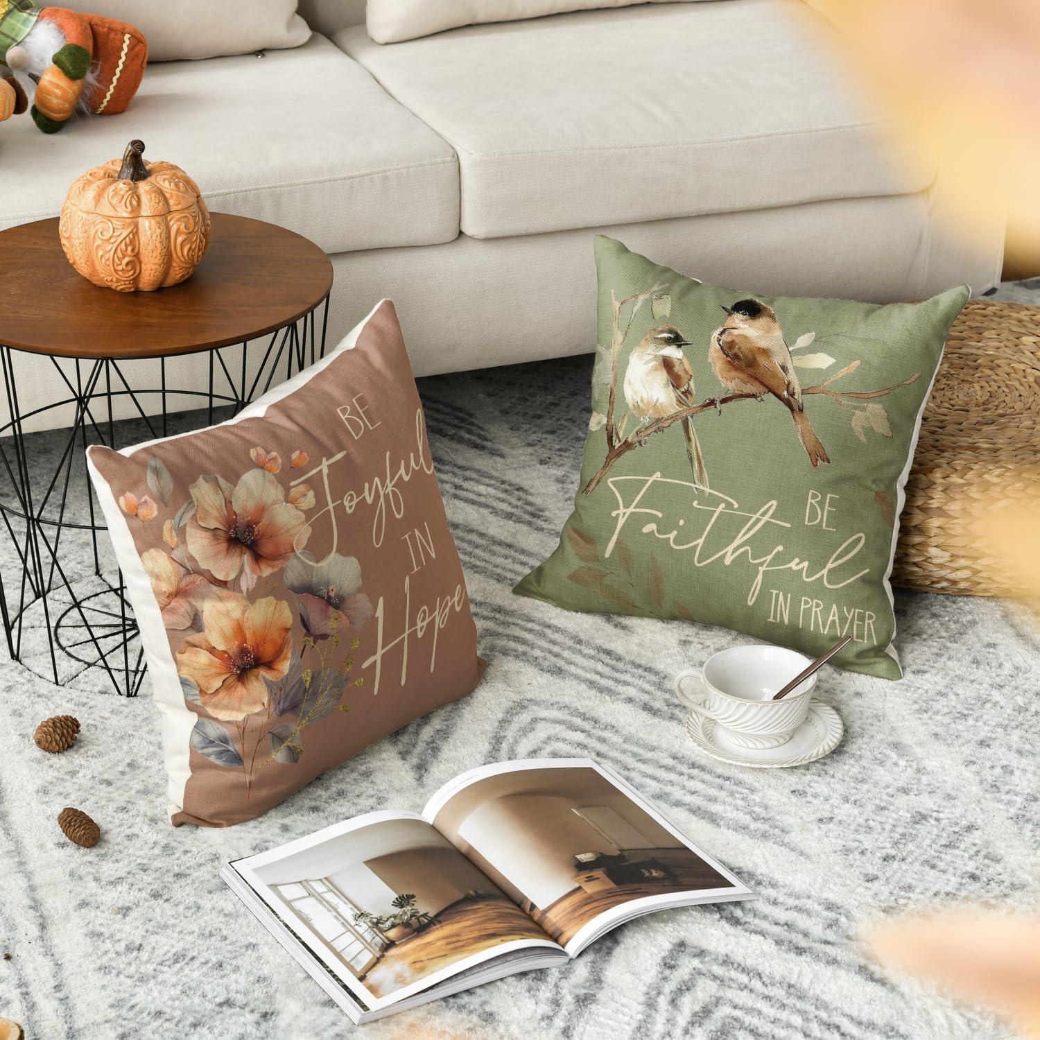 Herbst Inspirational Sprüche Blätter Blumen Vögel Kissenbezüge 4er Set