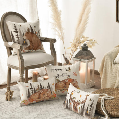 Kissenbezüge 4er Set Bäume Deer Bär Igel Hasen Vögel 45x45cm Beige
