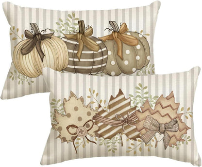 Herbst Kissenbezüge 2er Set Ahornblätter Streifen 30x50 cm