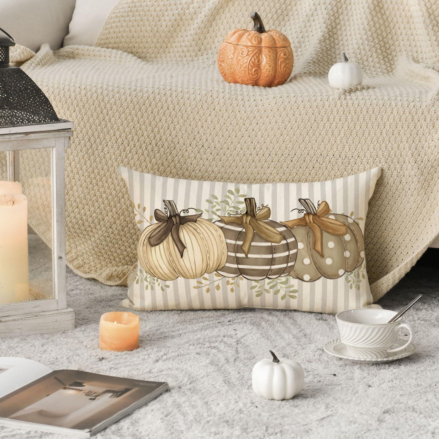 Herbst Kürbisse Streifen Ahornblätter Kissenbezüge 30x50 cm 2er Set