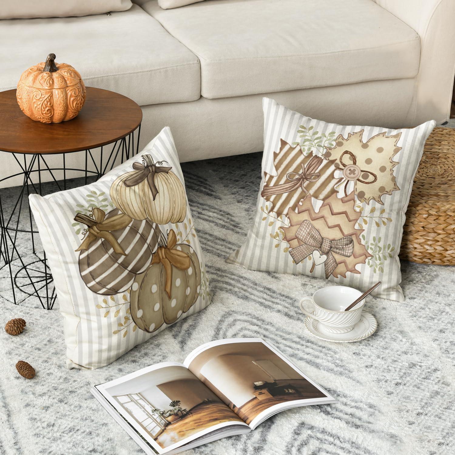Artoid Herbst Kürbisse Streifen Ahornblätter Kissenbezüge 45x45 cm 2er Set