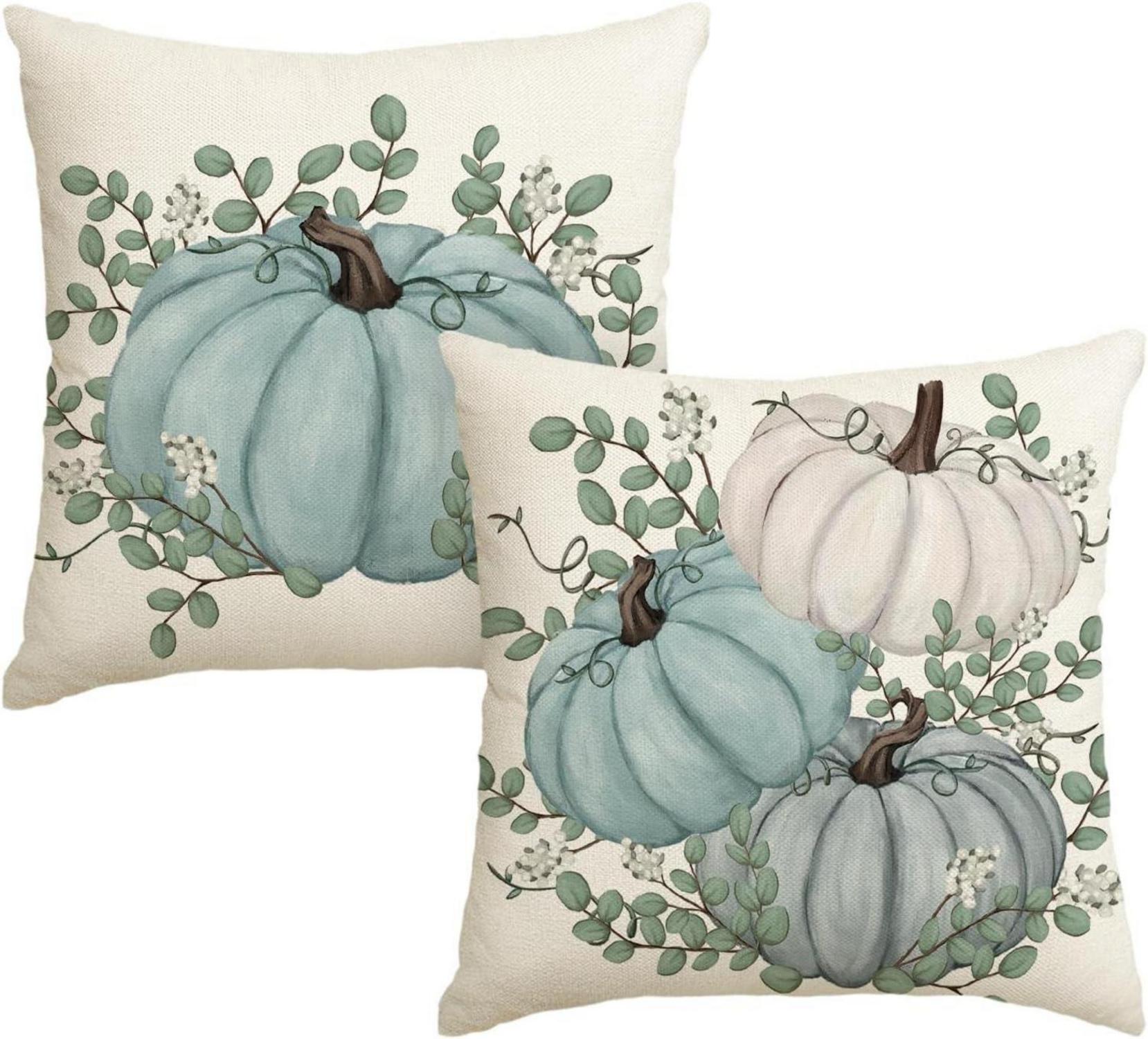Kissenbezüge 2er Set Blau Herbst Deko 45x45 cm Eukalyptus Kürbisse