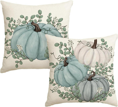 Kissenbezüge 2er Set Blau Herbst Deko 45x45 cm Eukalyptus Kürbisse