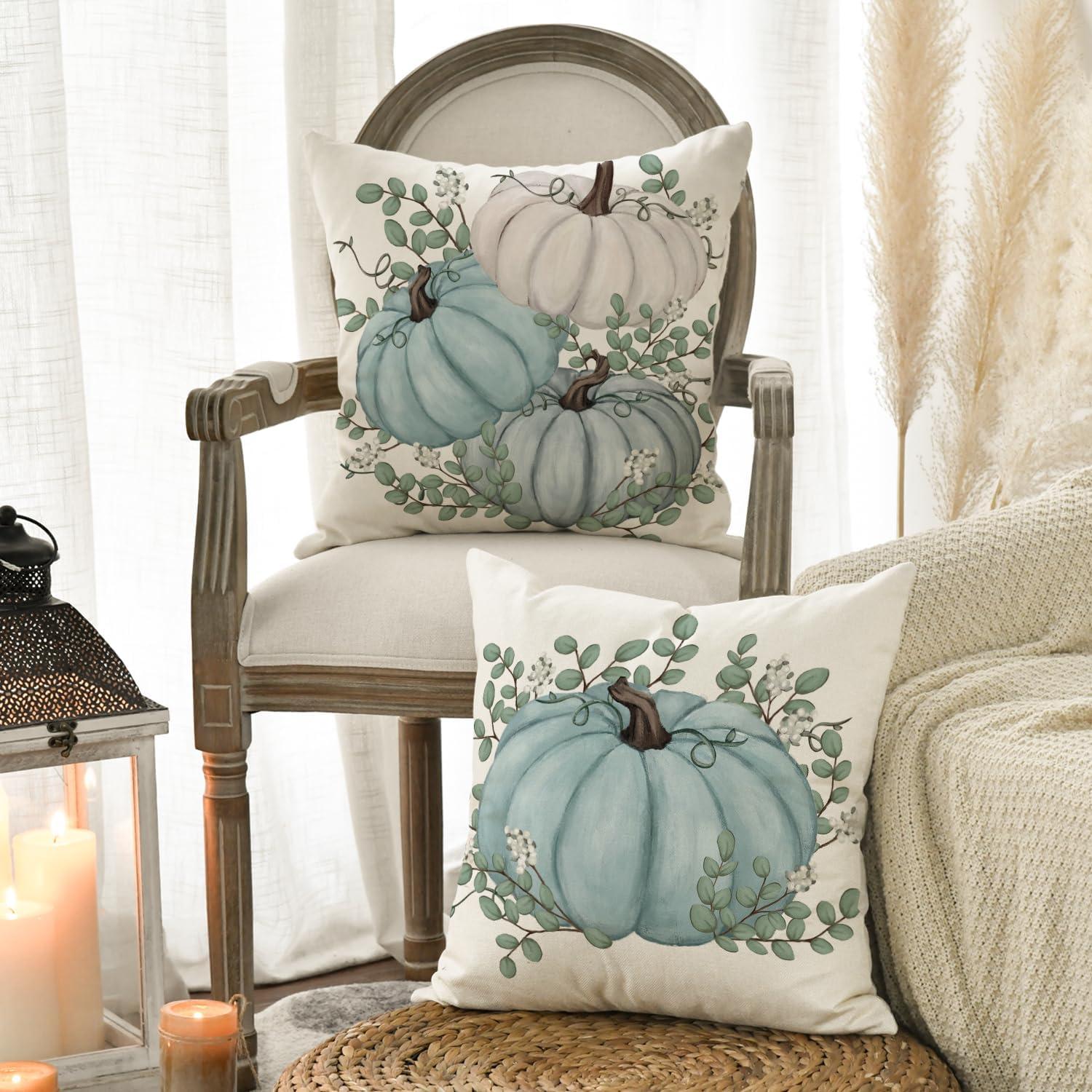 Blauer Herbst Kürbis Deko Kissenbezüge 2er Set 45x45cm