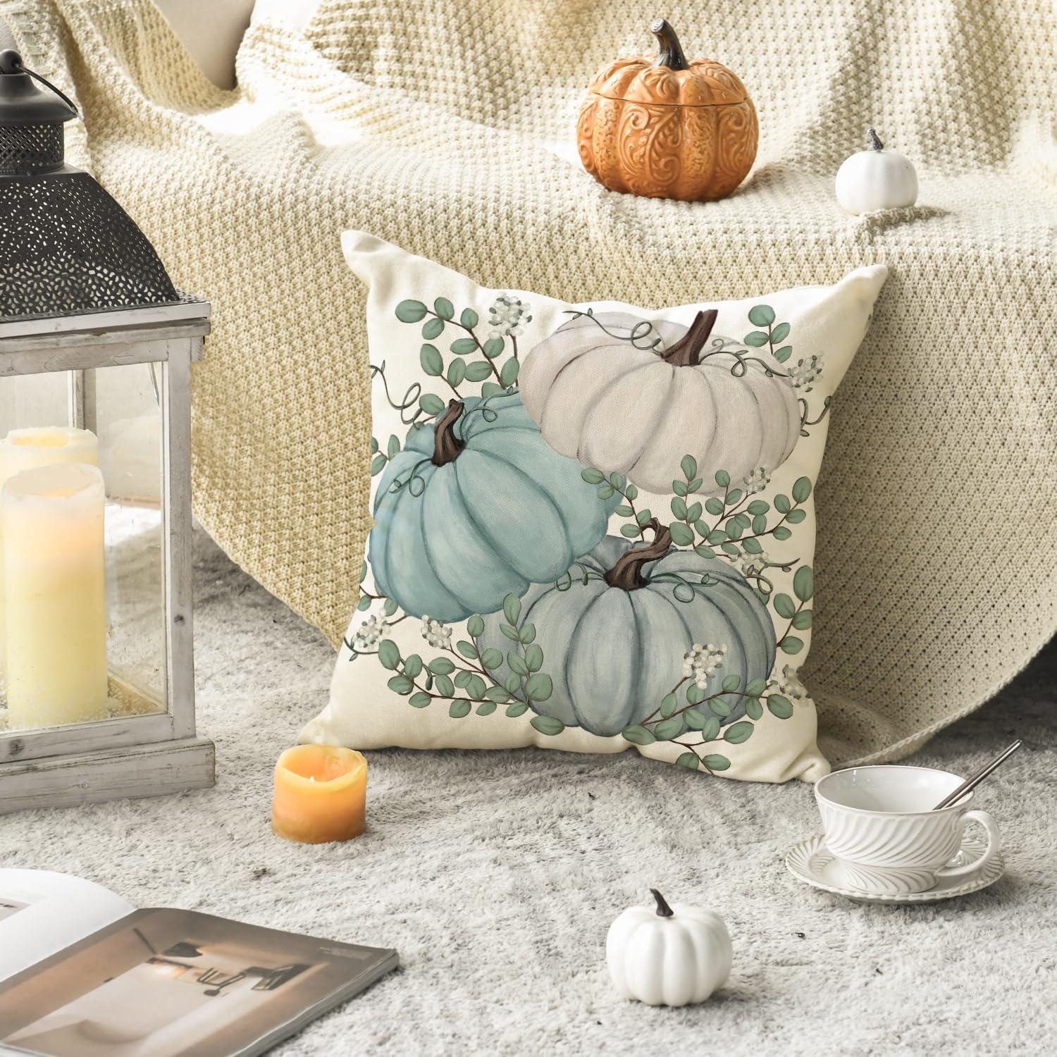 Kissenbezüge 2er Set Blau Herbst Deko 45x45 cm Eukalyptus Kürbisse