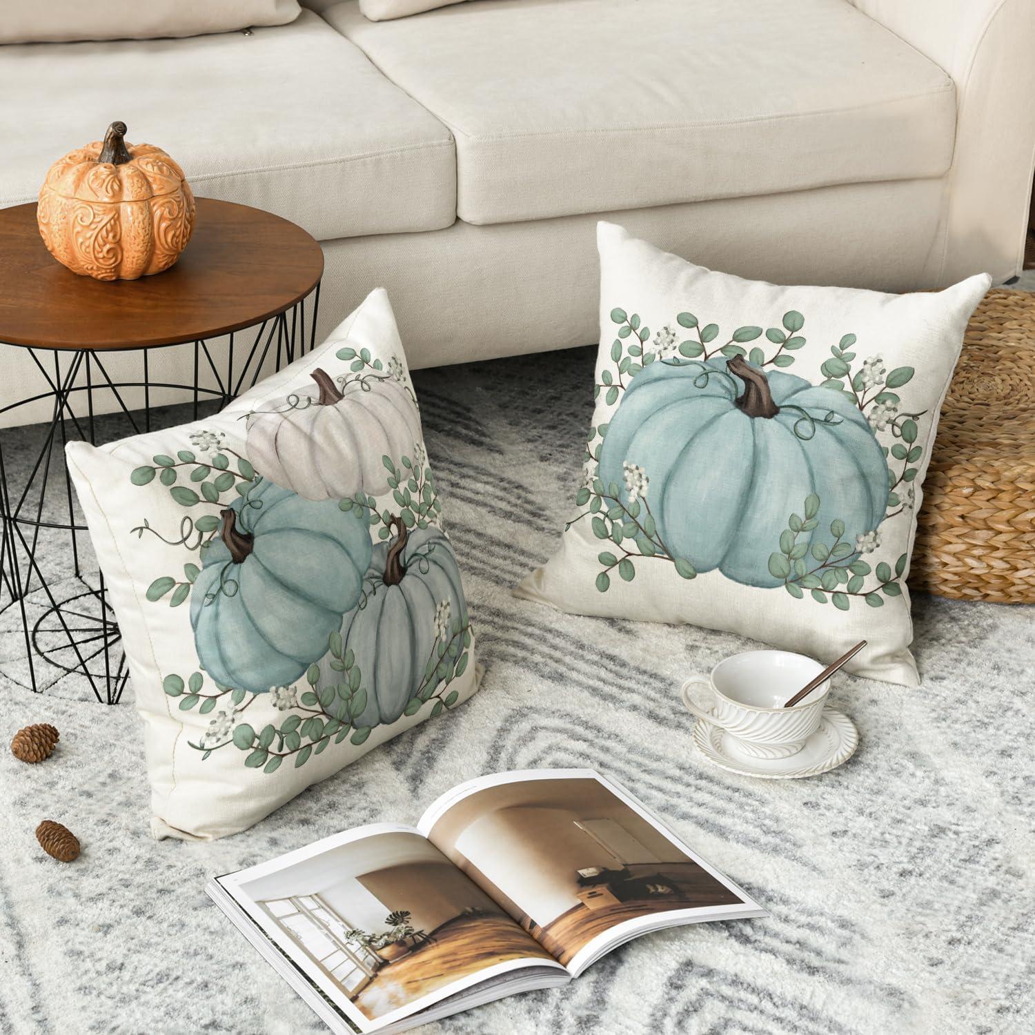 Artoid Herbst Kürbis Deko Kissenbezüge 45x45 cm 2er Set Blau